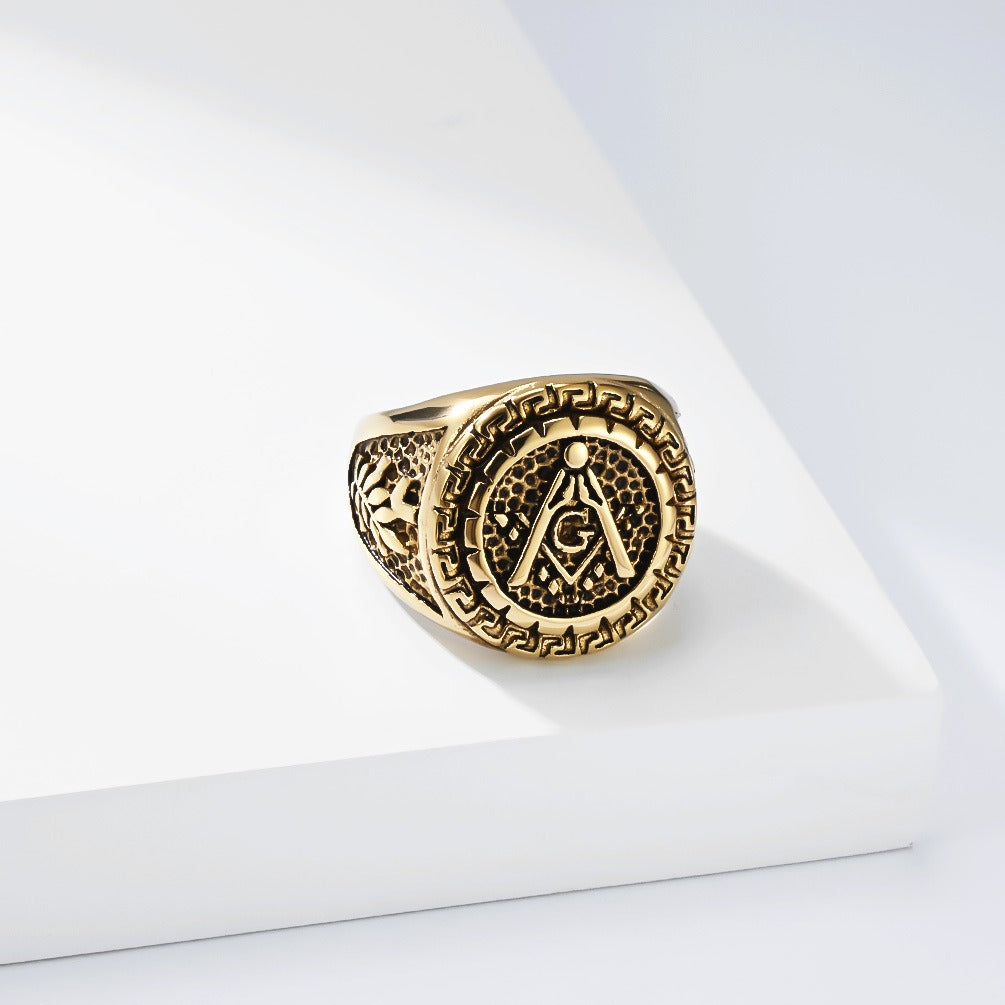 Kemstone Stainless Steel Vintage Geometric Compass Signet Ring for Men K-R11790