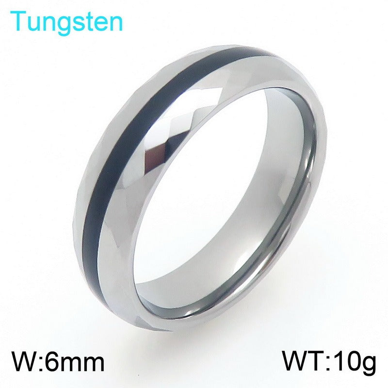 Kemstone Tungsten Steel Ring for Men & Women – Ceramic Inlay / Faceted Black Enamel Band 6mm 7mm KR114248-TS