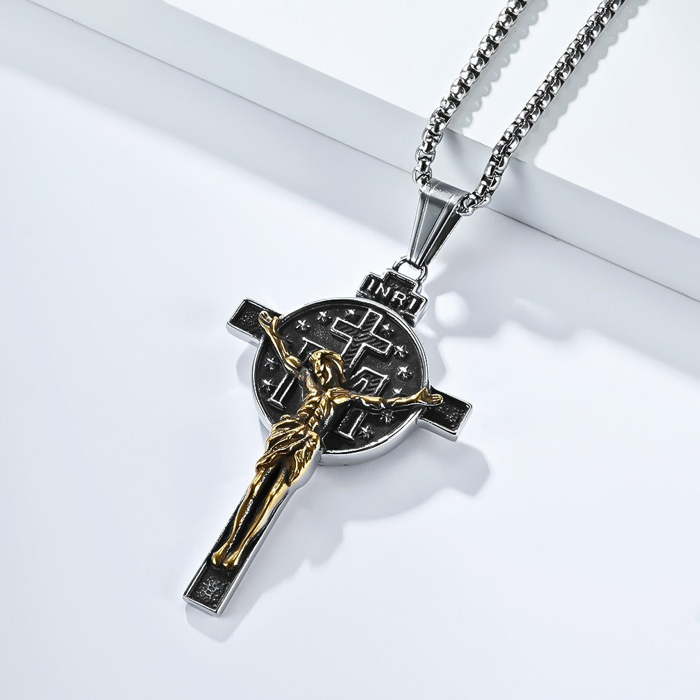 Kemstone Men’s Titanium Steel Cross Necklace – Vintage Relief Pendant K-PT641