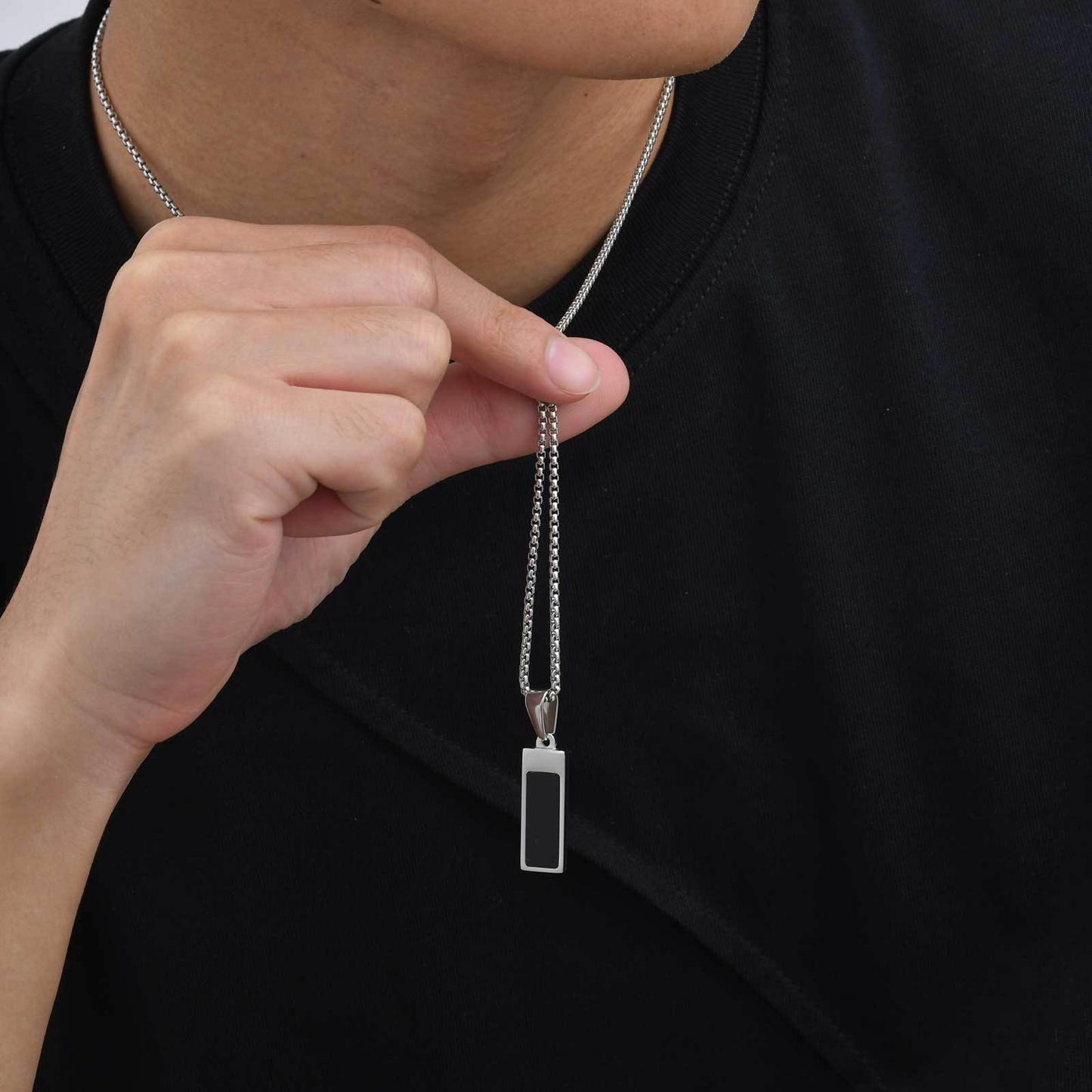Kemstone Stainless Steel Black Acrylic Bar Pendant Necklace – Minimal Rectangle Style for Men PN-2179