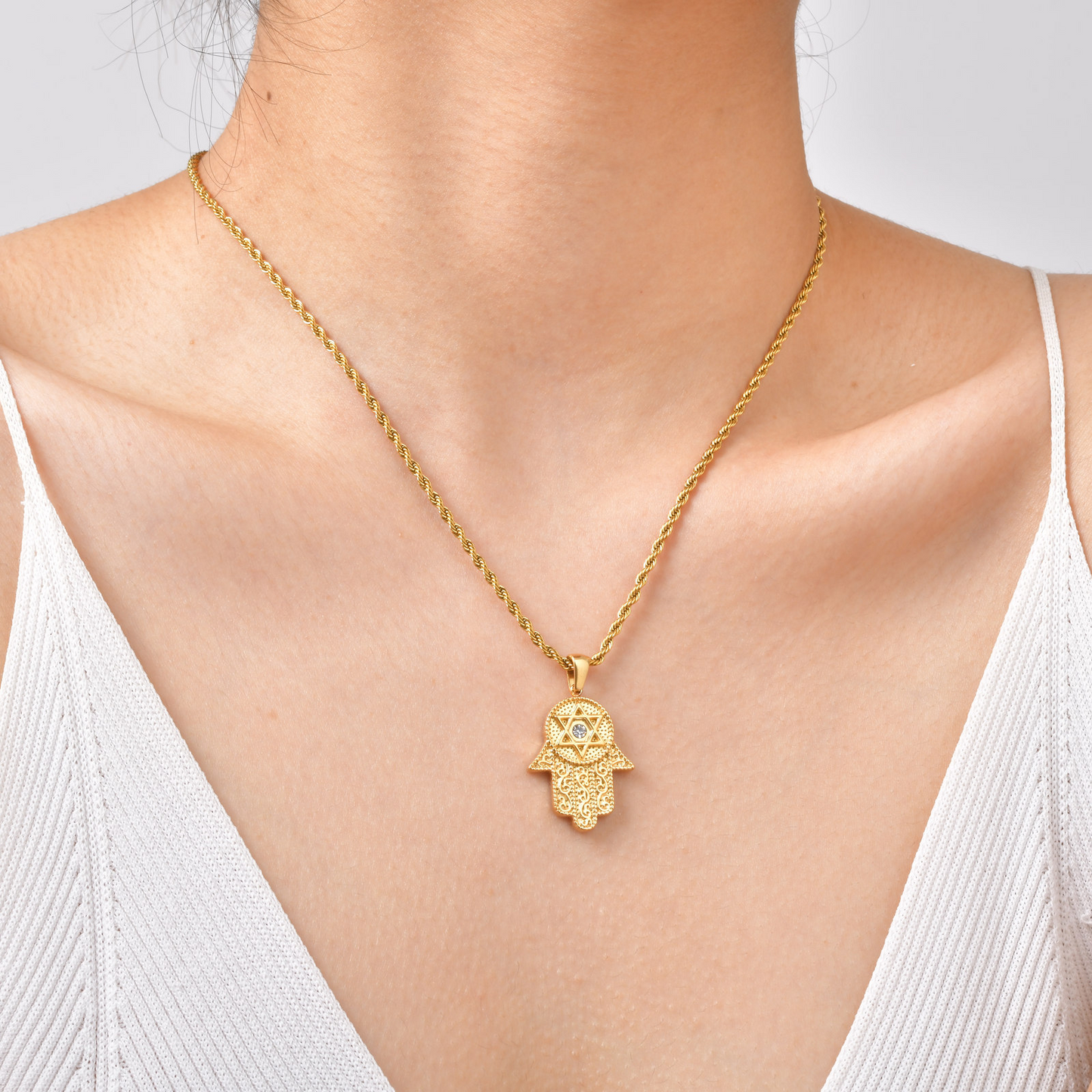 Kemstone Hand Pendant Necklace Gold Plated Stainless Steel Star Symbol Cubic Zirconia for Men Women PN-2337