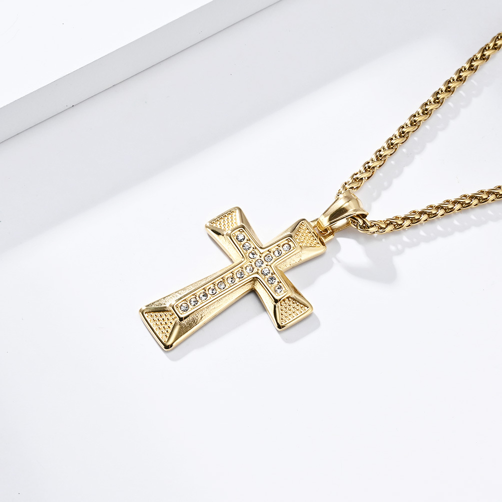 Kemstone Geometric Cross Pendant Necklace for Men Stainless Steel Stone Detail K-PT506