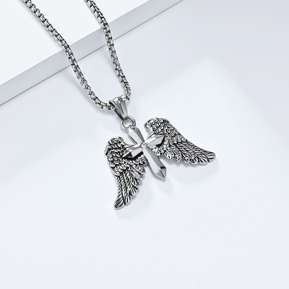Kemstone  Meta Description Winged Cross Stainless Steel Pendant Necklace for Men – Punk Hip Hop Style, Silver Gold Black  K-PT573