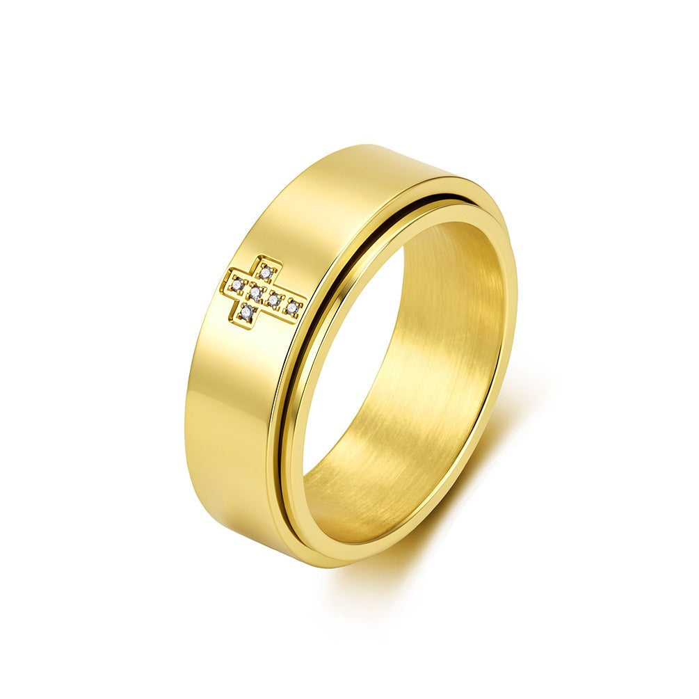 Kemston Rotating Cross Ring for Men & Women Stainless Steel Small Stone Detail K-R1220