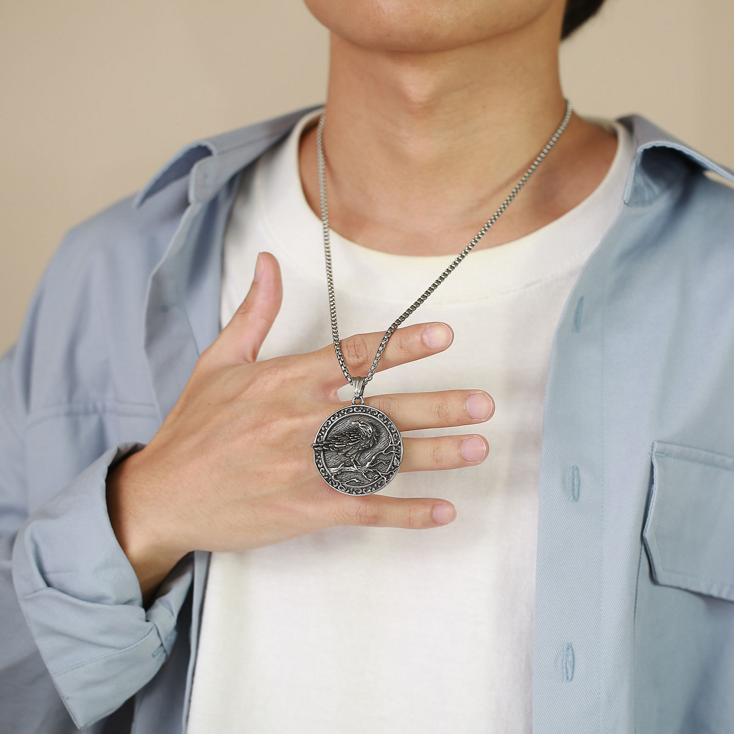 Kemston Raven Medallion Pendant Necklace for Men Stainless Steel Vintage Round PN-1642