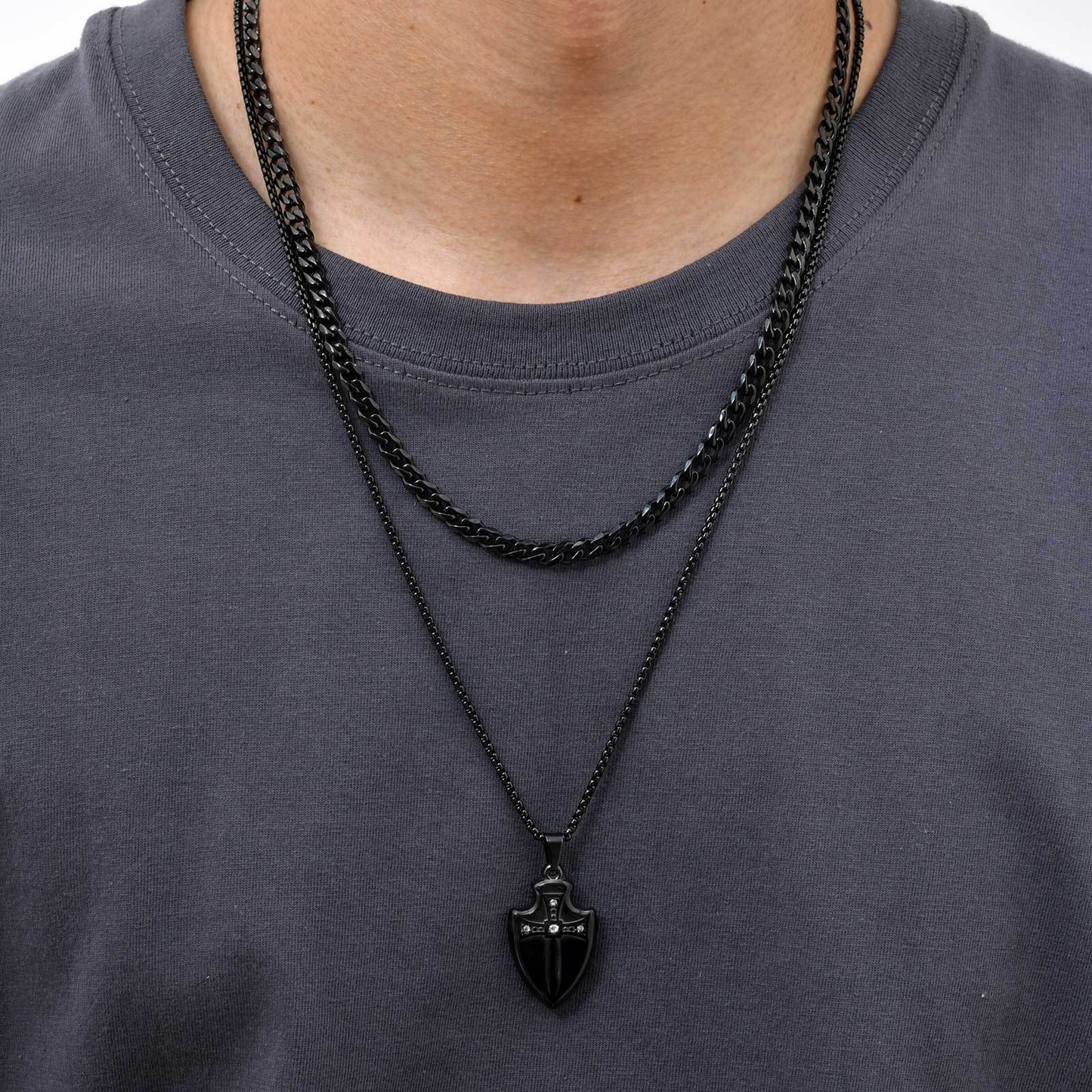 Kemstone Stainless Steel Shield Pendant Necklace for Men Cubic Zirconia Sword Design PN-2177