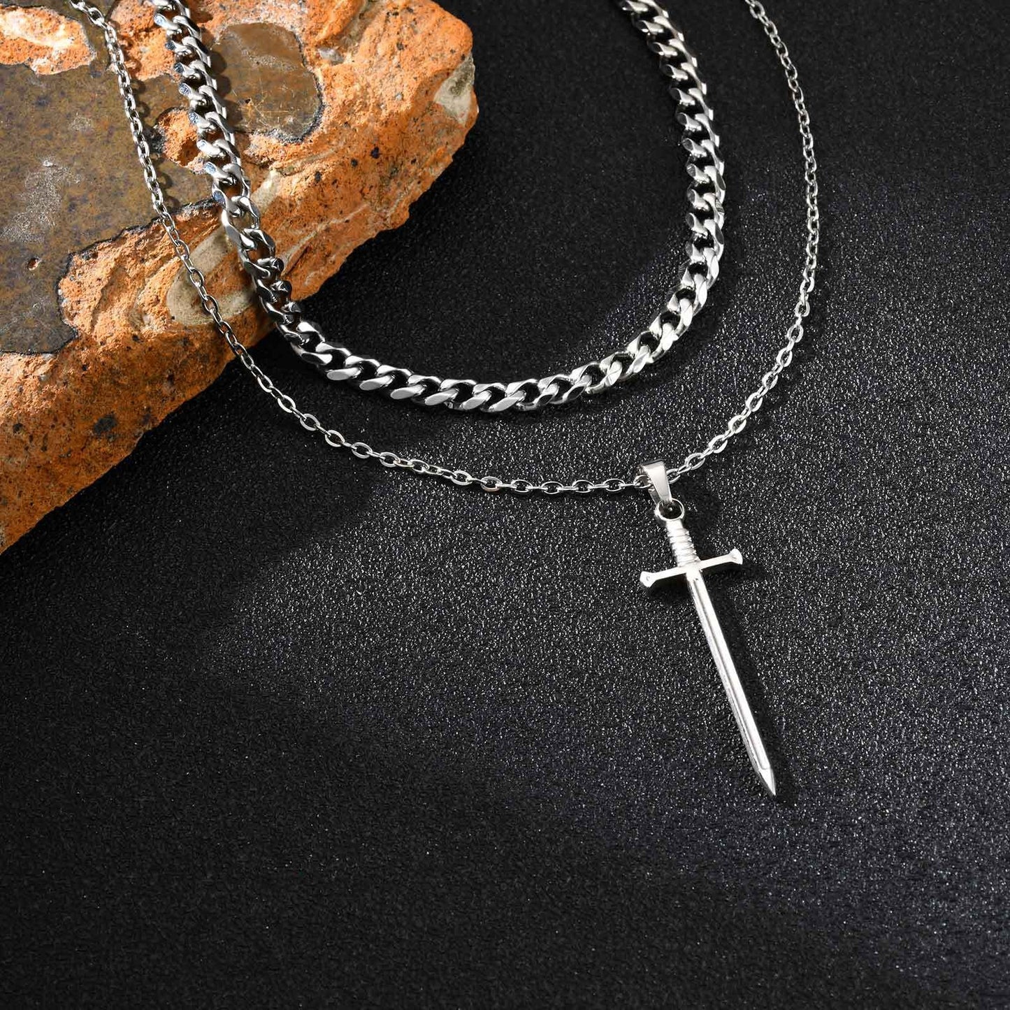 Kemstone Stainless Steel Sword Pendant Necklace for Men – Silver, Gold, Black NC-2556
