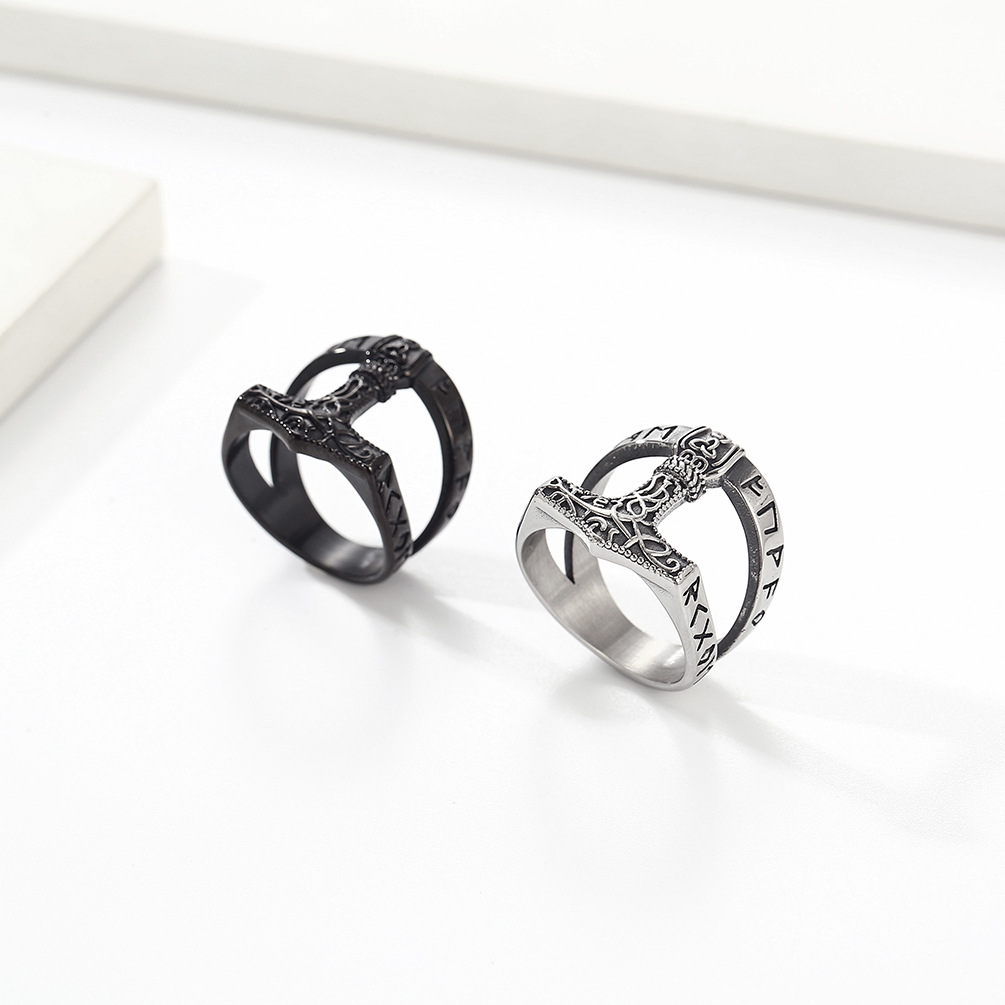Kemstone Men’s Titanium Steel Ring – Viking Thor’s Hammer Rune Band K-R708