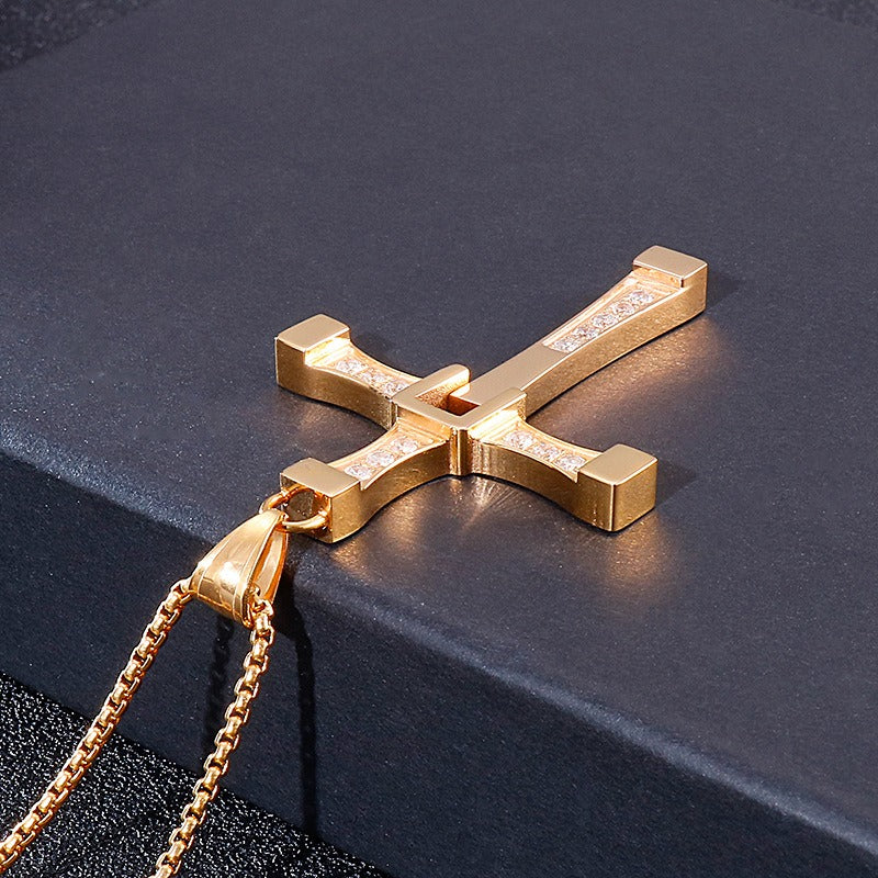 Kemstone Stainless Steel Hollow Moving Cross Pendant Necklace for Men Cubic Zirconia Inlay KP40312-K