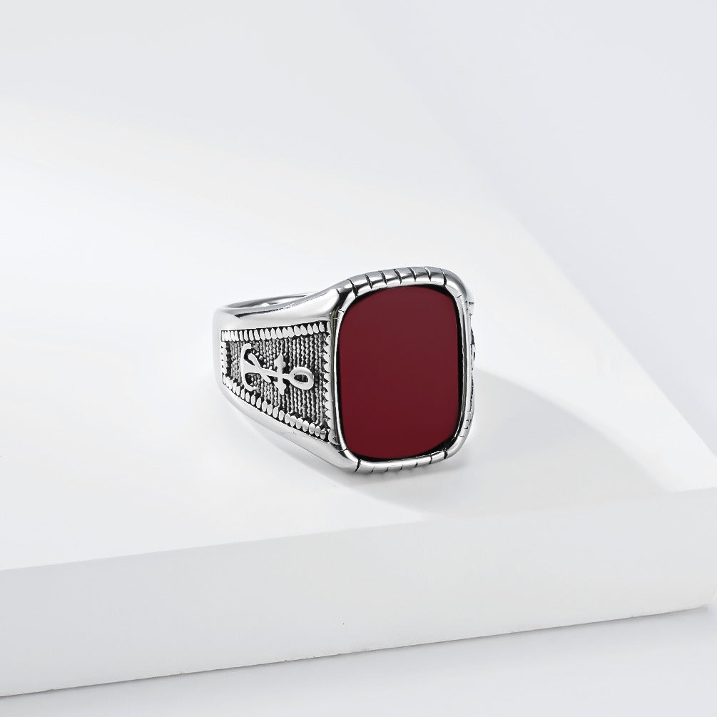 Kemstone Anchor Square Signet Ring for Men Stainless Steel Vintage Stone Detail K-R1212