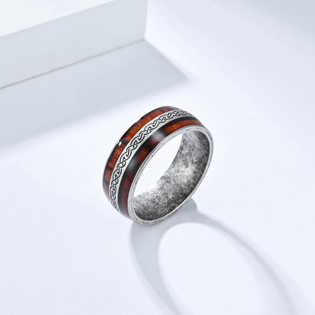 Kemstone Celtic Knot Wood Inlay Stainless Steel Ring for Men & Women K-R1026