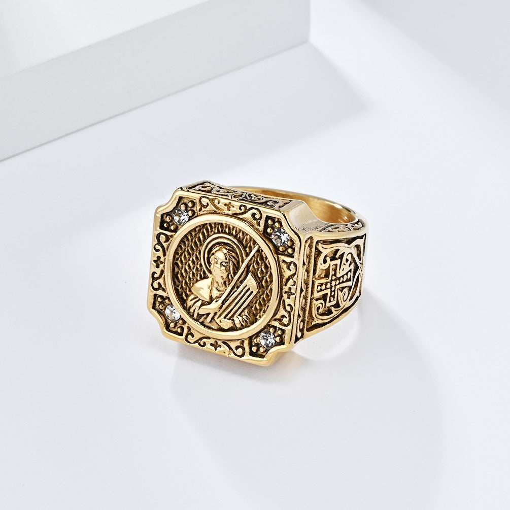 Kemstone Titanium Steel Cross Portrait Signet Ring for Men K-R870