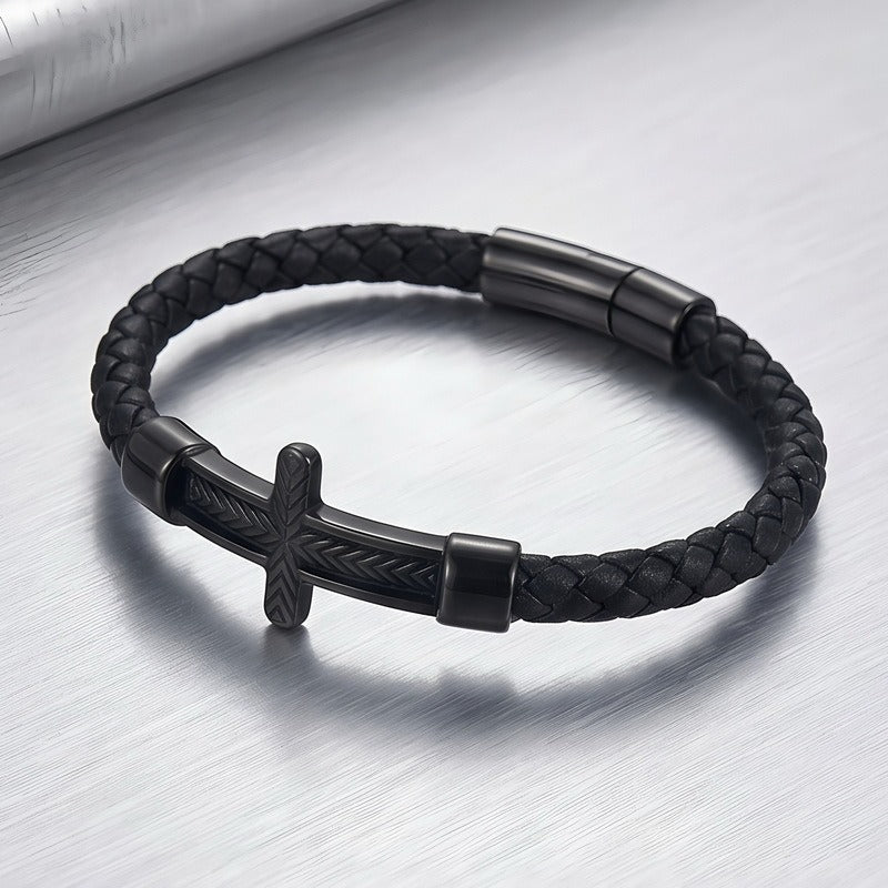 Kemstone Wheat Engraved Cross Bracelet for Men Braided Faux Leather Titanium Steel KB214751-SJ