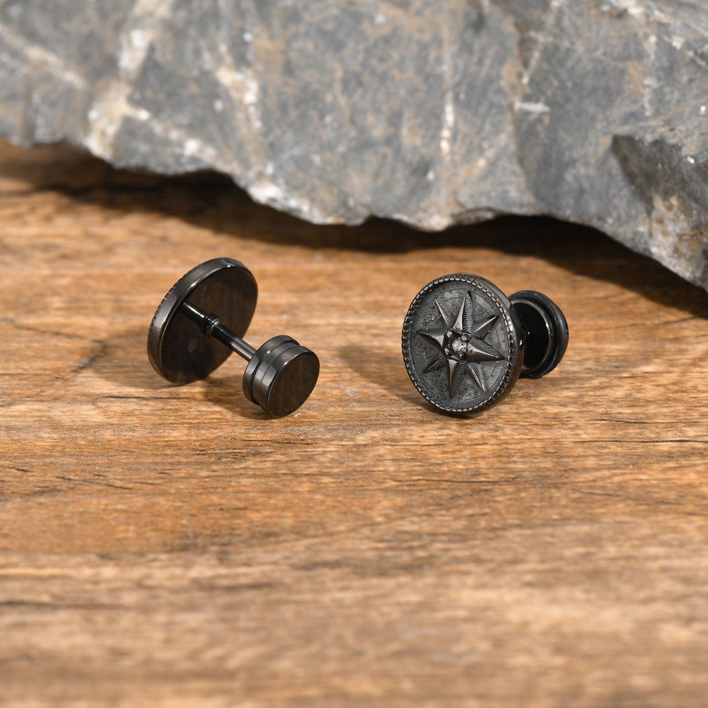 Kemstone Men’s Stainless Steel Eight-Point Star Stud Earrings – Black Vintage ES-555