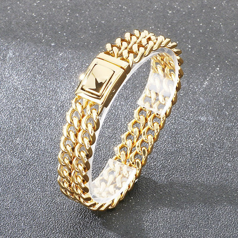 Kemstone Double Layer Cuban Chain Bracelet Titanium Steel Thick Link for Men Gold Silver KB184825-KJX