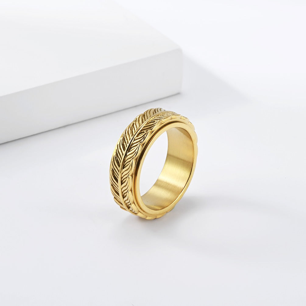 Kemston Feather Spinner Ring for Men Stainless Steel Rotating Vintage Band K-R1196