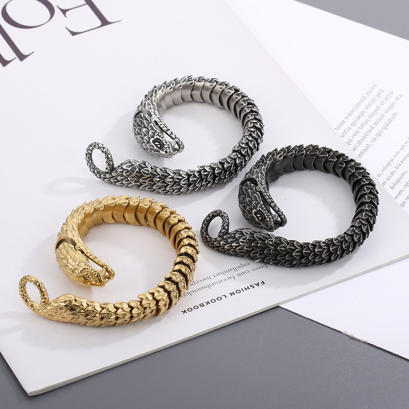 Kemstone Titanium Steel Snake Bracelet – Vintage Punk Serpent Style for Men KB144343-KJX