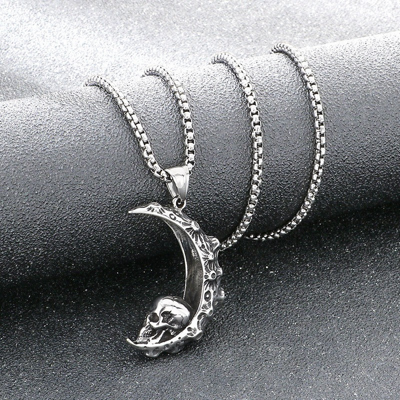 Kemstone Crescent Moon Pendant Necklace Titanium Steel Carved Floral Gothic Style for Men KP117749-LU
