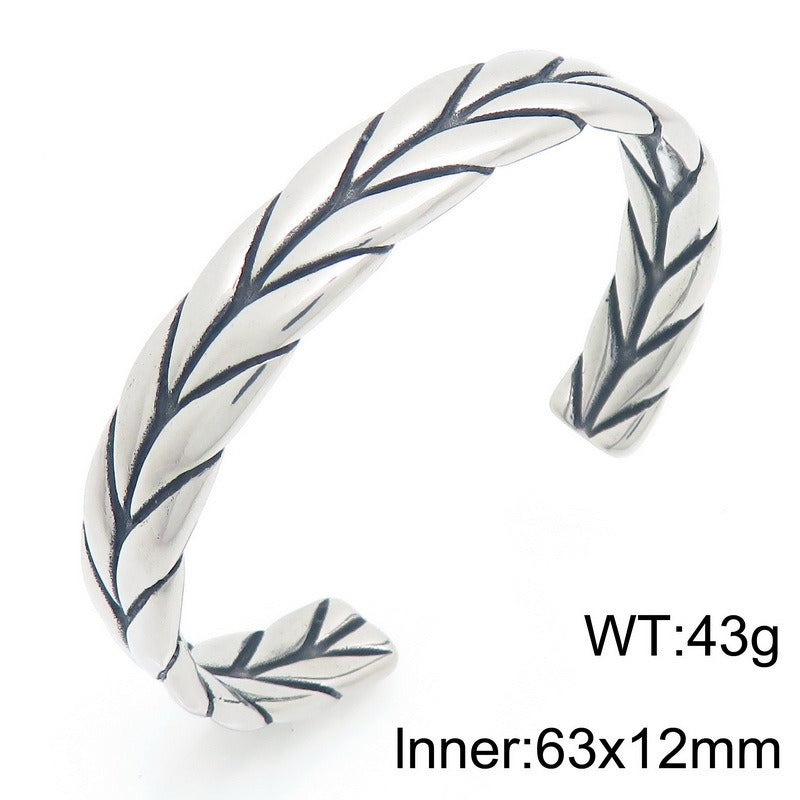 Kemstone Titanium Steel Leaf Braided Cuff Bracelet Vintage Open Style for Men KB209293-LU
