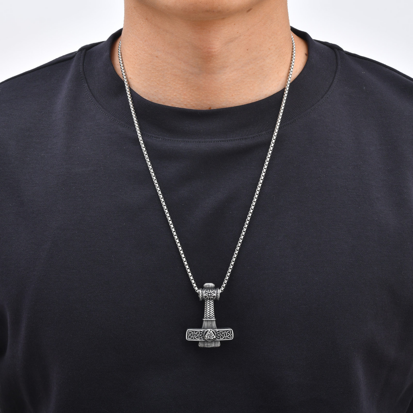 Kemston Stainless Steel Viking Thor Hammer Pendant Necklace for Men Nordic Symbol Chain PN-2416
