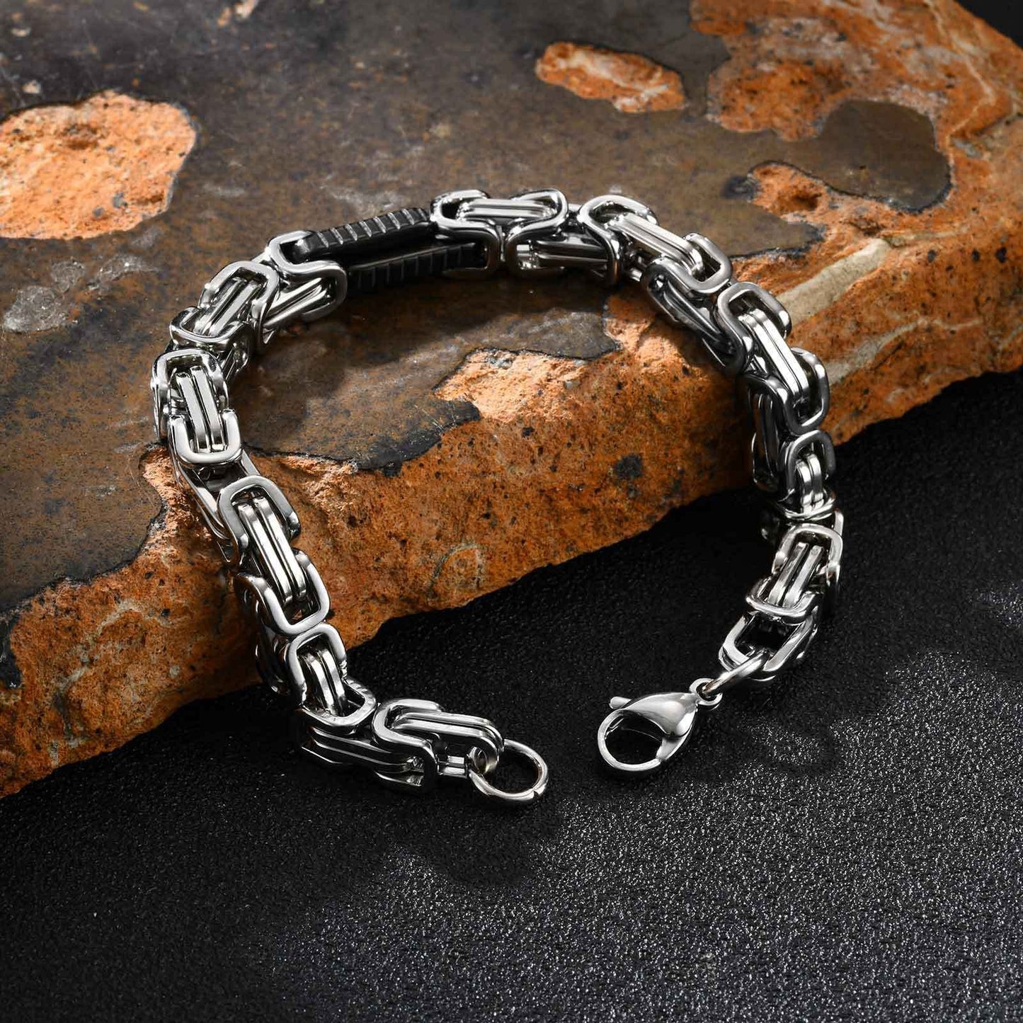 Kemstone Stainless Steel Byzantine Chain Bracelet – Geometric Link Design for Men BR-2701