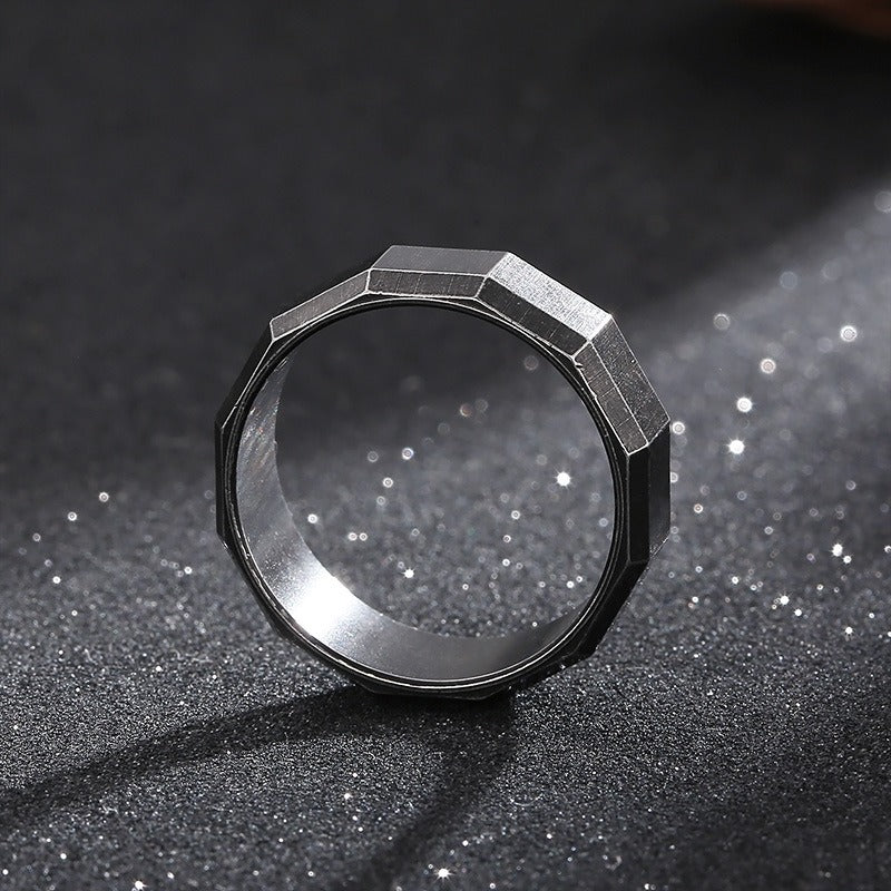 Kemstone Matte Black Gothic Ring – Titanium Steel Geometric Band for Men | Dark Vintage Street Style KR100827-KFC