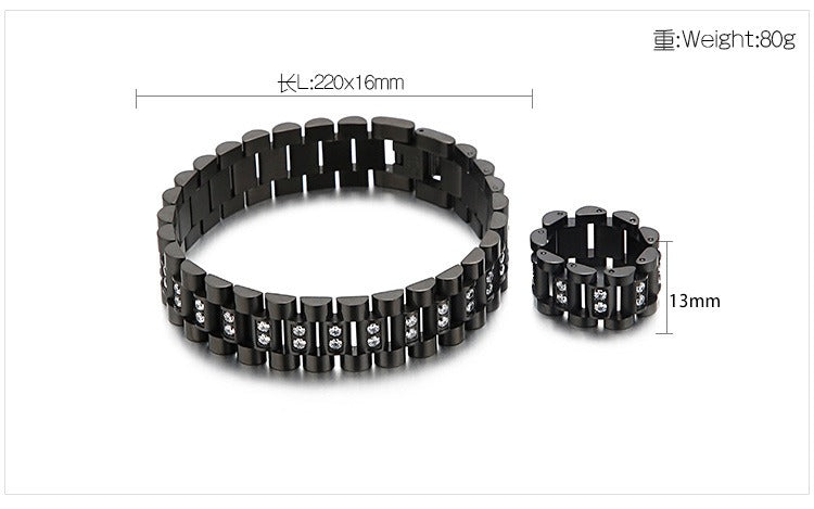 Kemstone Men’s Stainless Steel Zircon Watch Chain & Ring Set – 220mm Bracelet, 13mm Ring KB61656-K