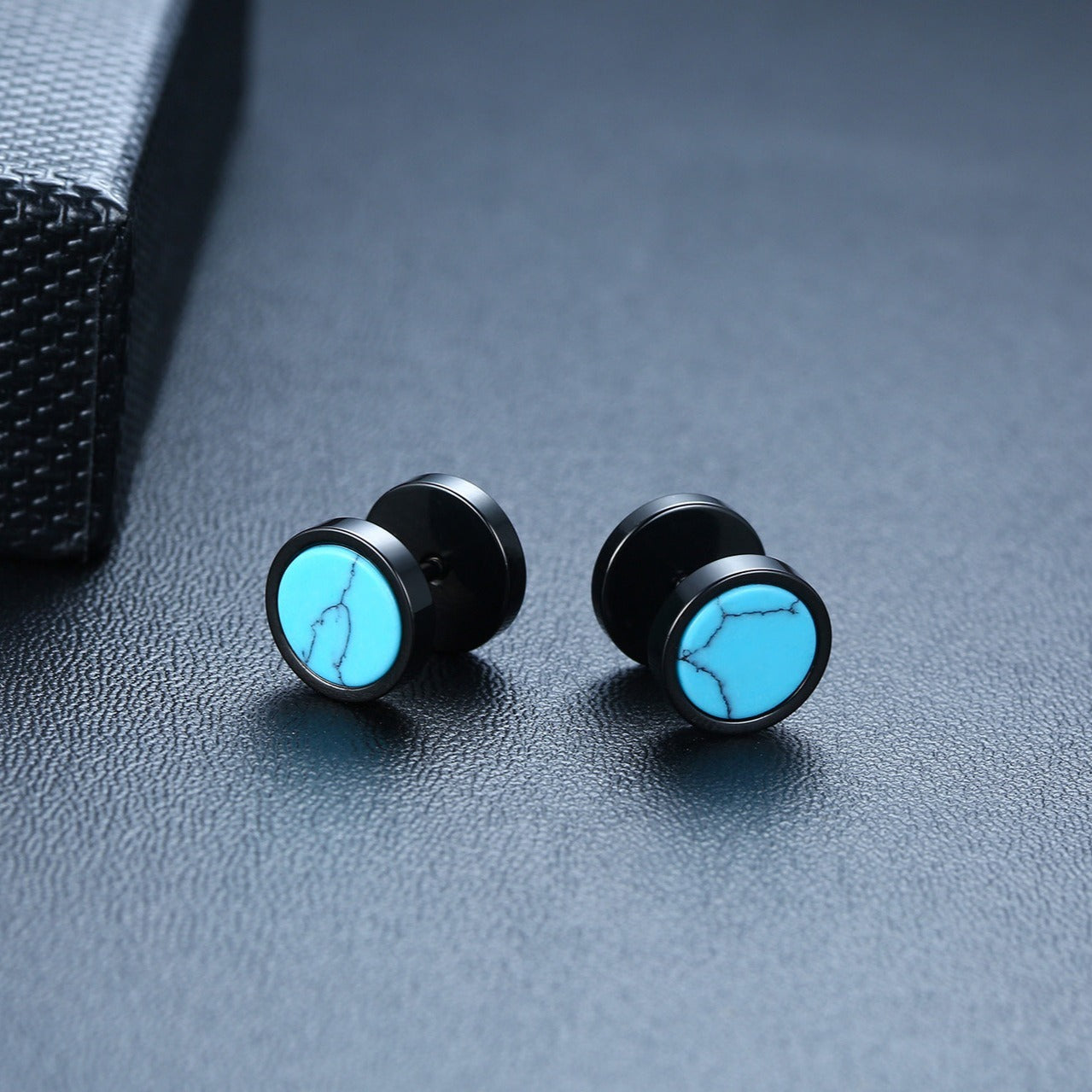 Kemstone Stud Earrings for Men Stainless Steel Round Stone Detail Black ES-302