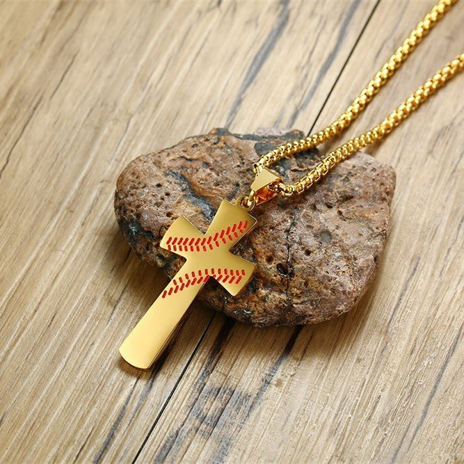 Kemstone Stainless Steel Baseball Cross Pendant Necklace for Men Stitch Detail PN-1083