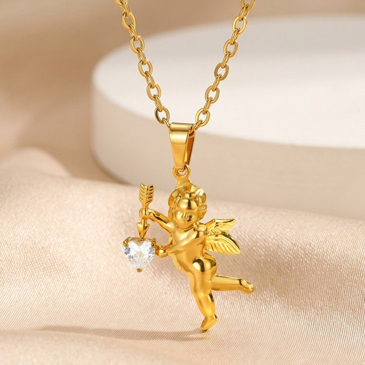 Kemstone Cupid Pendant Necklace for Men & Women Gold Plated Stainless Steel Heart Accent PN-2279