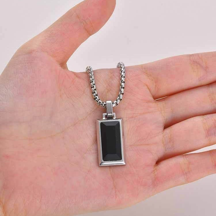 Kemston Rectangular Black Agate Pendant Necklace for Men Stainless Steel Vintage PN2379