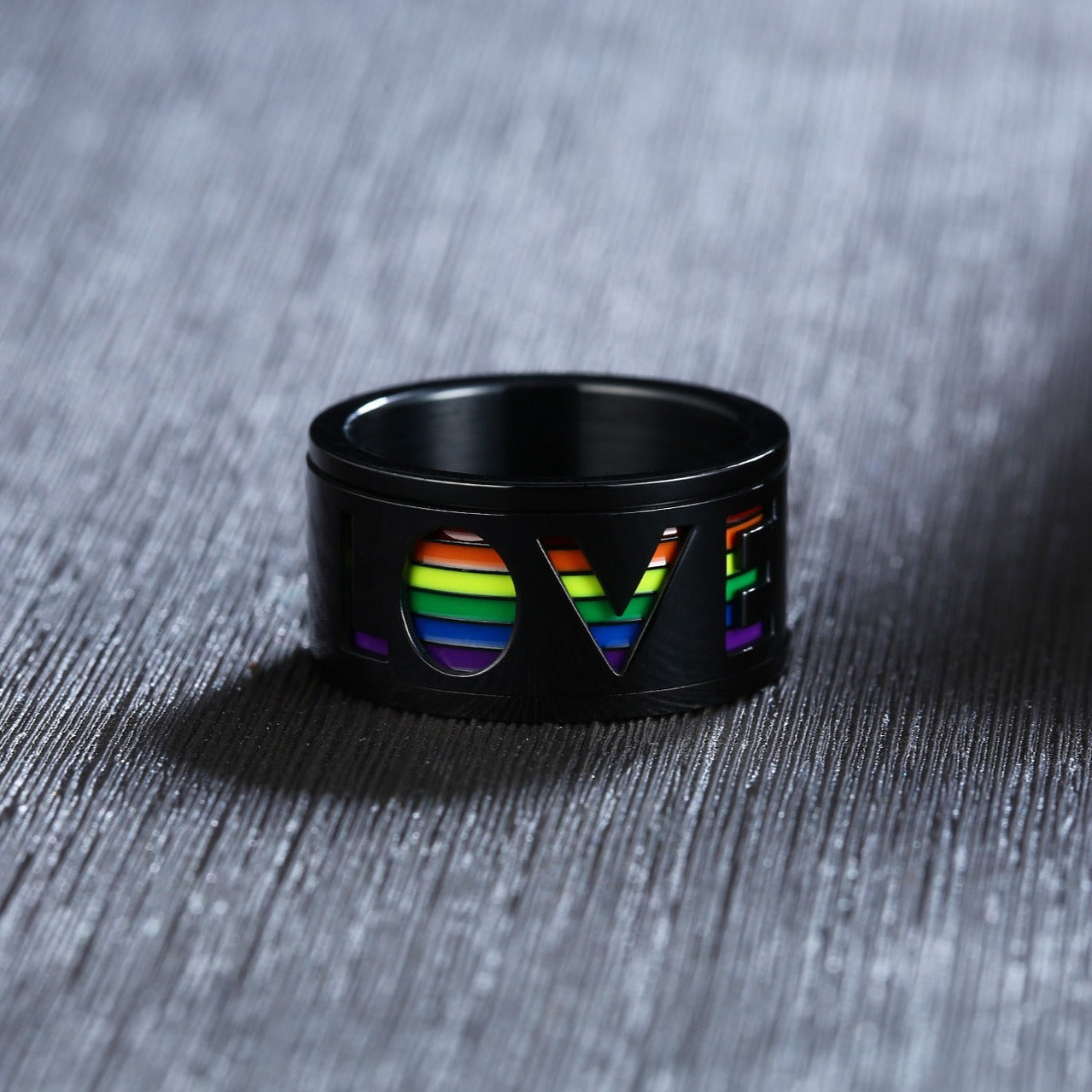 Kemstone Rotating Rainbow Inlay Stainless Steel Spinner Ring for Men – 11mm Band PR-029B