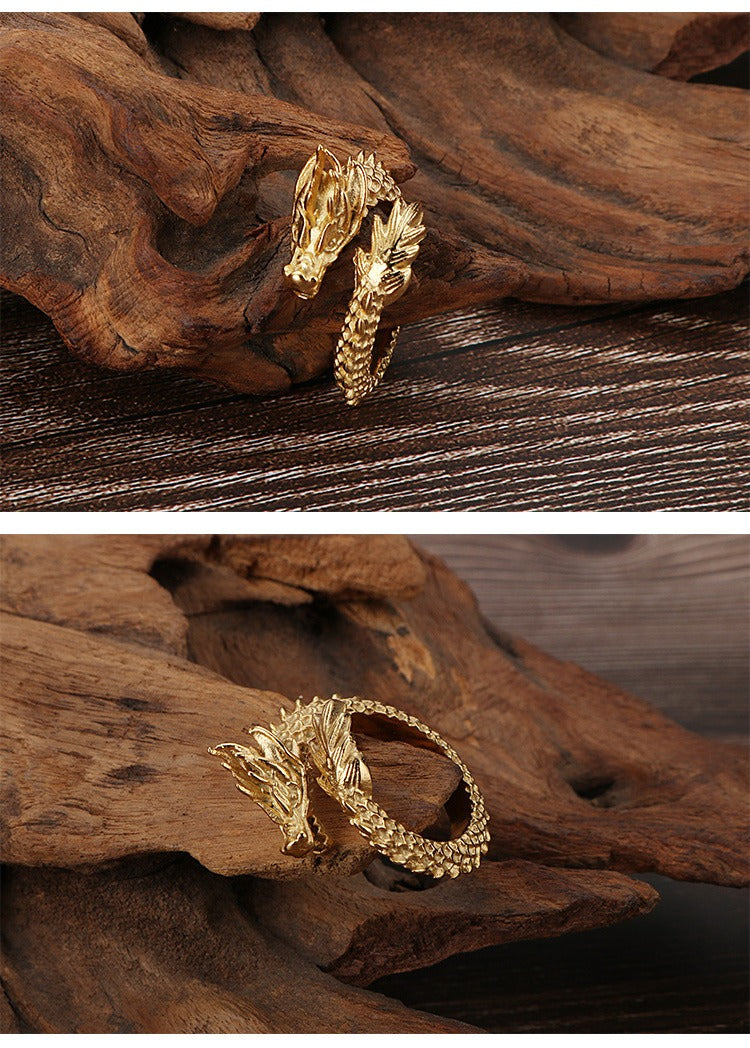 Kemstone Stainless Steel Bold Dragon Head Ring - Adjustable Open-End Ring for Men, Ethnic Retro Jewelry for Everyday Wear KR53285-K