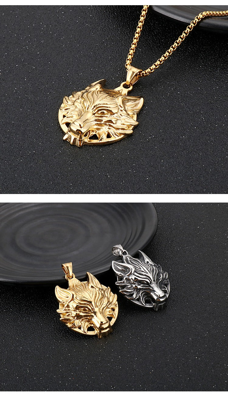 Kemstone Viking Wolf Head Pendant – Matte Stainless Steel Necklace for Men, Norse Punk Streetwear Jewelry KP81873