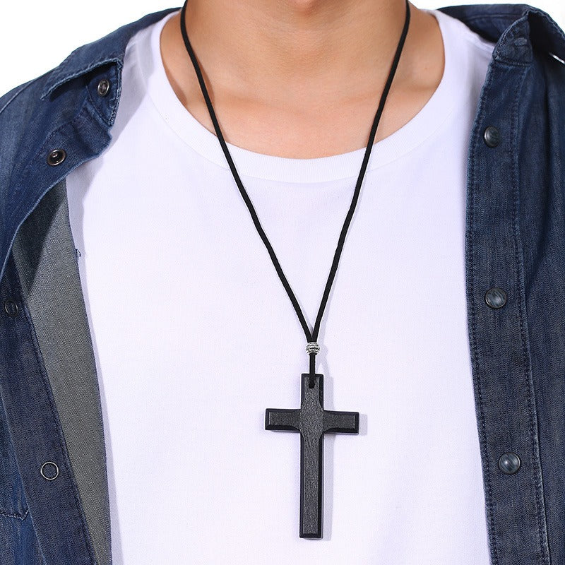 Kemston Wooden Cross Pendant Necklace for Men Adjustable Cord PN-1278