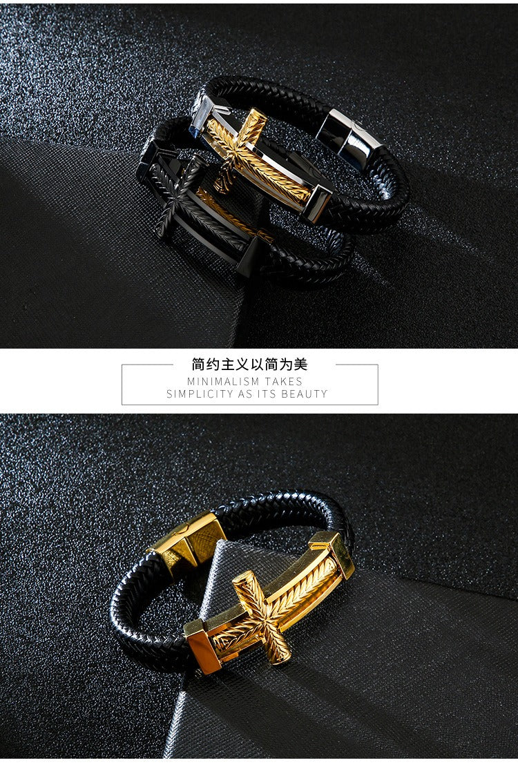 Kemstone Cross Leather Bracelet for Men Titanium Steel Braided Black Cord Design KB130233-KFC