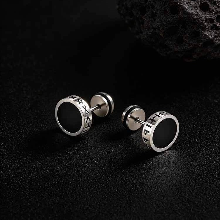 Kemstone Stainless Steel Tiger Eye Stud Earrings – Round Rune Edge Design for Men ES-784