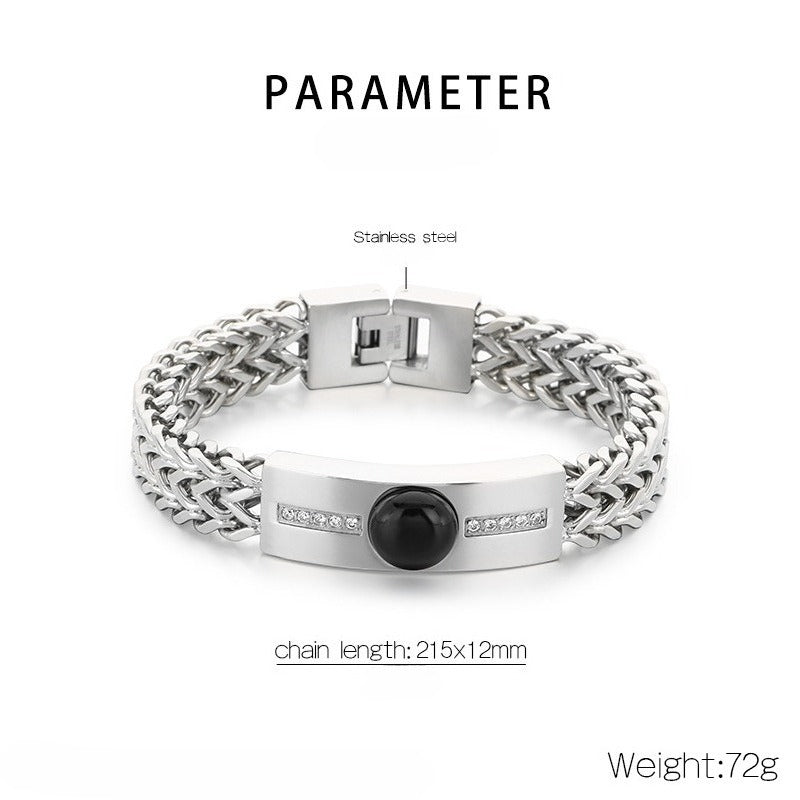 Kemstone Titanium Steel ID Bar Bracelet for Men Stone Inlay Braided Chain KB212795-KFC