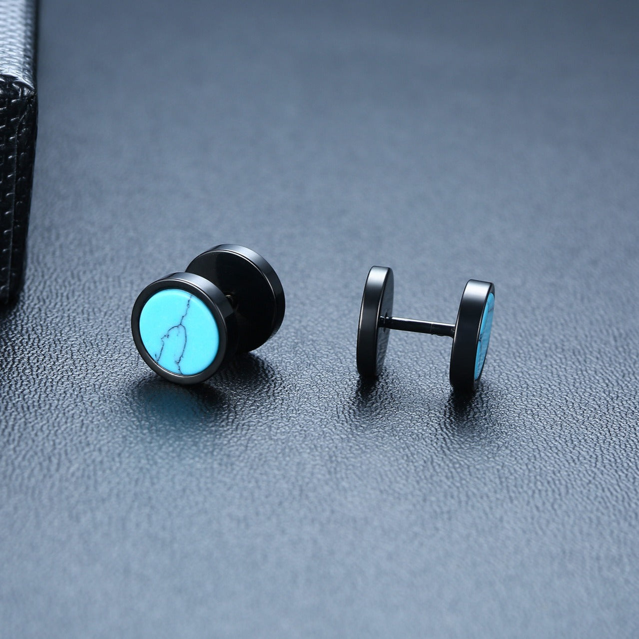 Kemstone Stud Earrings for Men Stainless Steel Round Stone Detail Black ES-302