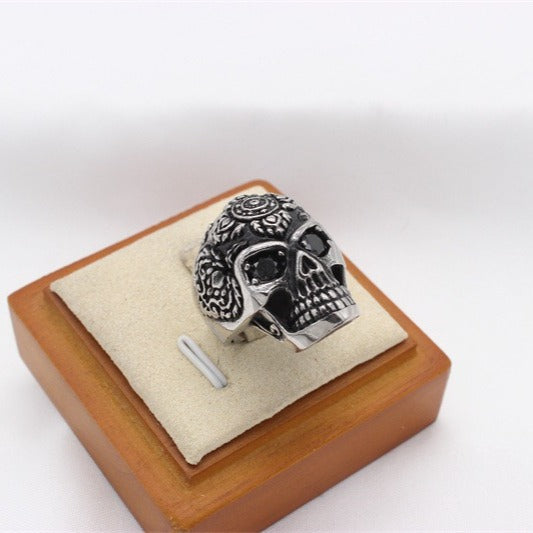 Kemstone Titanium Steel Skull Ring with Cubic Zirconia Eyes – Gothic Carved Design R1780
