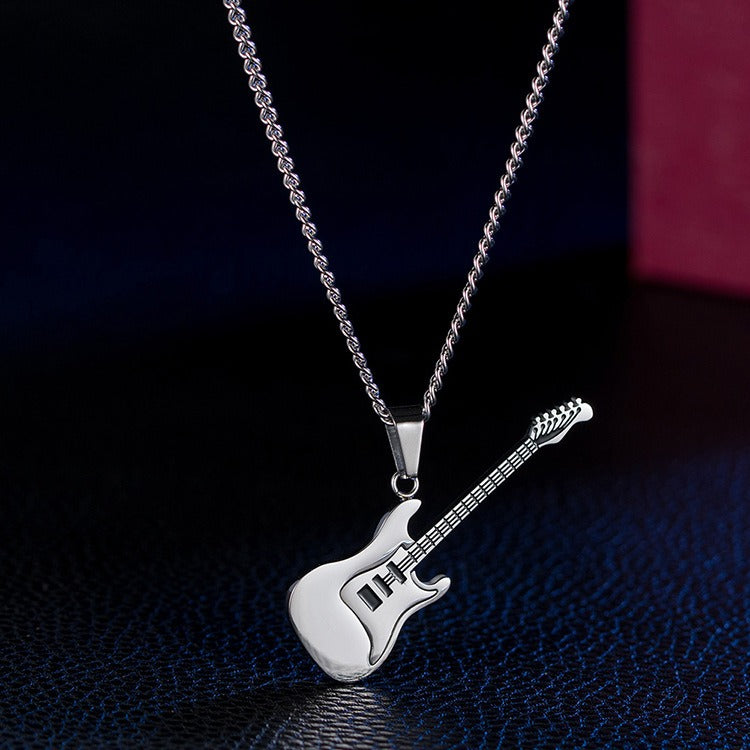 Kemstone Stainless Steel Electric Guitar Pendant Necklace for Men – 60cm Chain, Silver Gold Black K-PT147