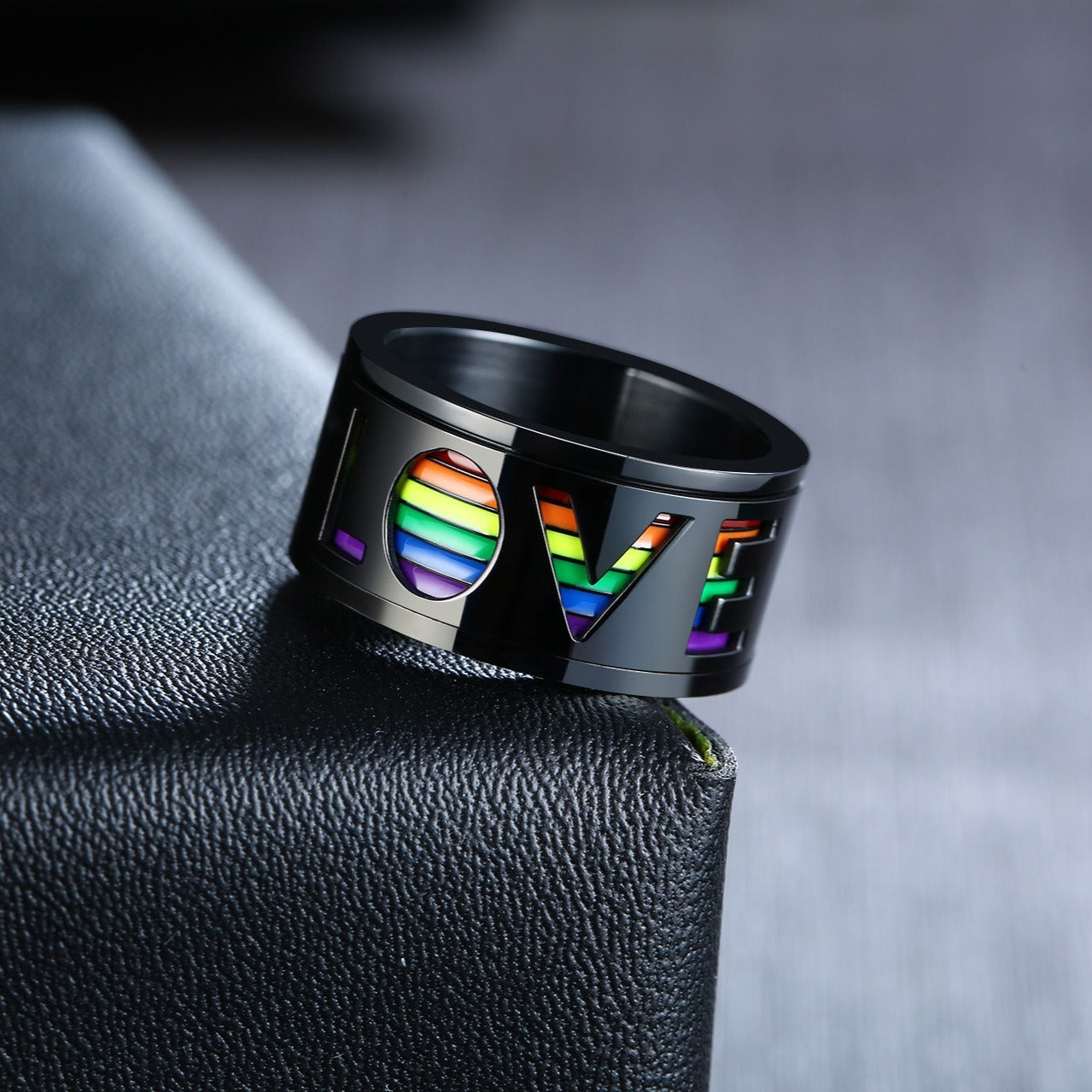 Kemstone Rotating Rainbow Inlay Stainless Steel Spinner Ring for Men – 11mm Band PR-029B