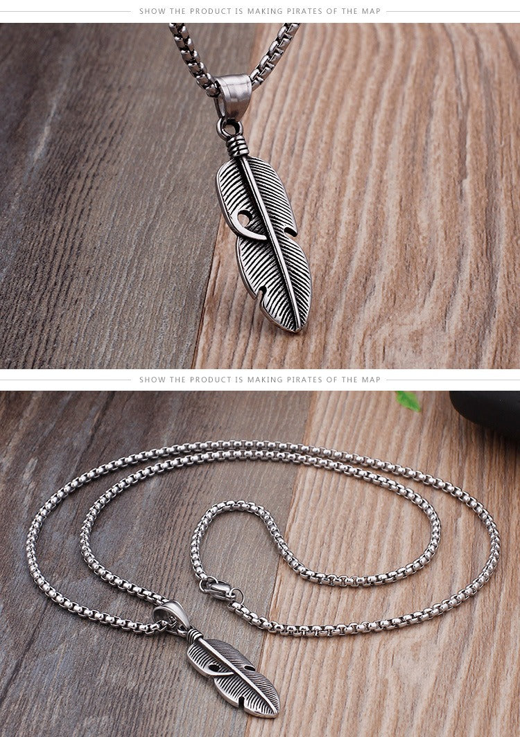 Kemstone Hollow Feather Pendant – Retro Titanium Steel Necklace for Men, Lightweight Hiphop Streetwear Jewelry KP77755-K