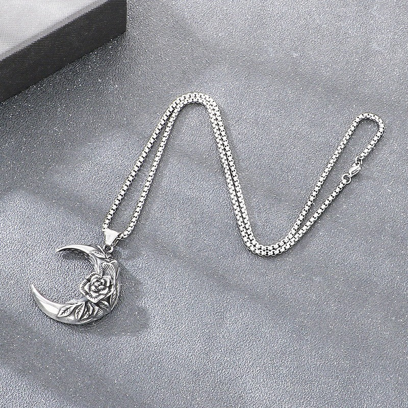 Kemstone Crescent Moon Pendant Necklace Titanium Steel Carved Floral Gothic Style for Men KP117749-LU