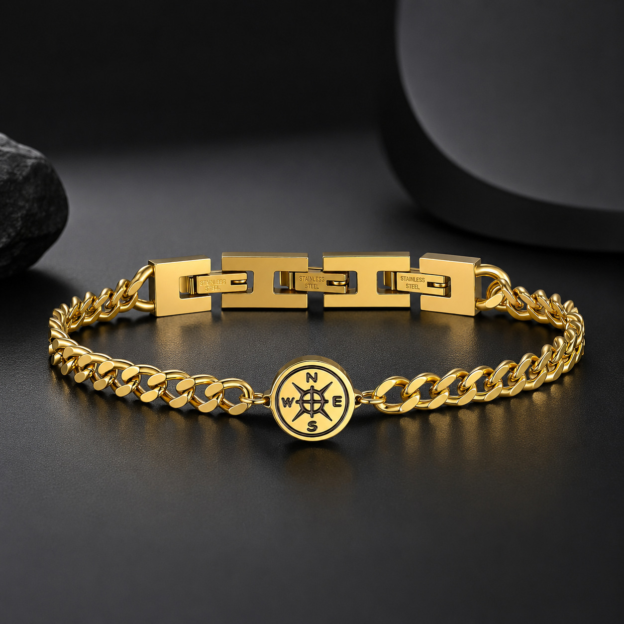 Kemstone Stainless Steel Compass Cuban Link Bracelet for Men Double H Clasp Silver BR-2210