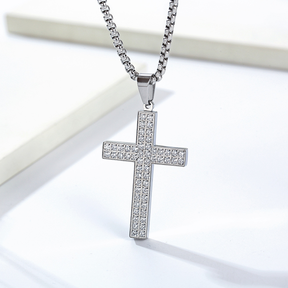 Kemstone Titanium Steel CZ Cross Necklace – Full Pave Cubic Zirconia Pendant for Men & Women K-PT477