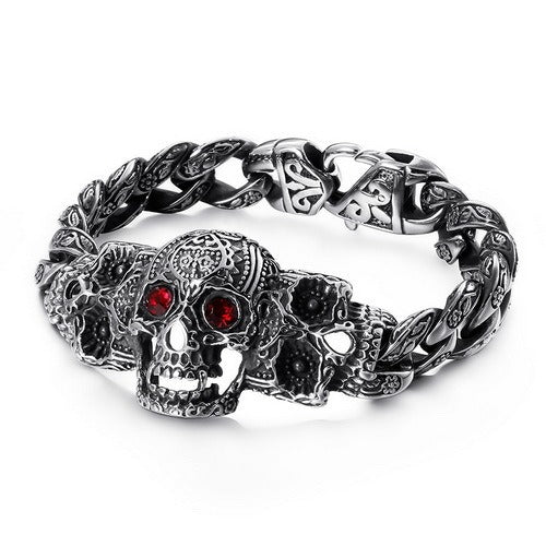 Kemstone Skull Cross Bracelet – Distressed Titanium Steel with Zircon Inlays | Gothic Punk Jewelry for Men KB112525-BD