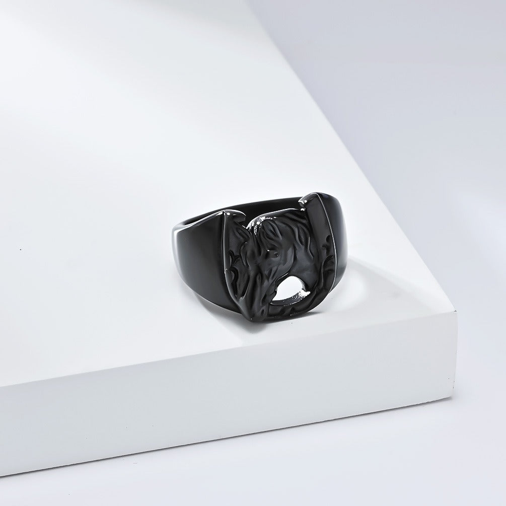 Kemstone Stainless Steel Horse Head Ring – Vintage Horseshoe Signet for Men K-R987