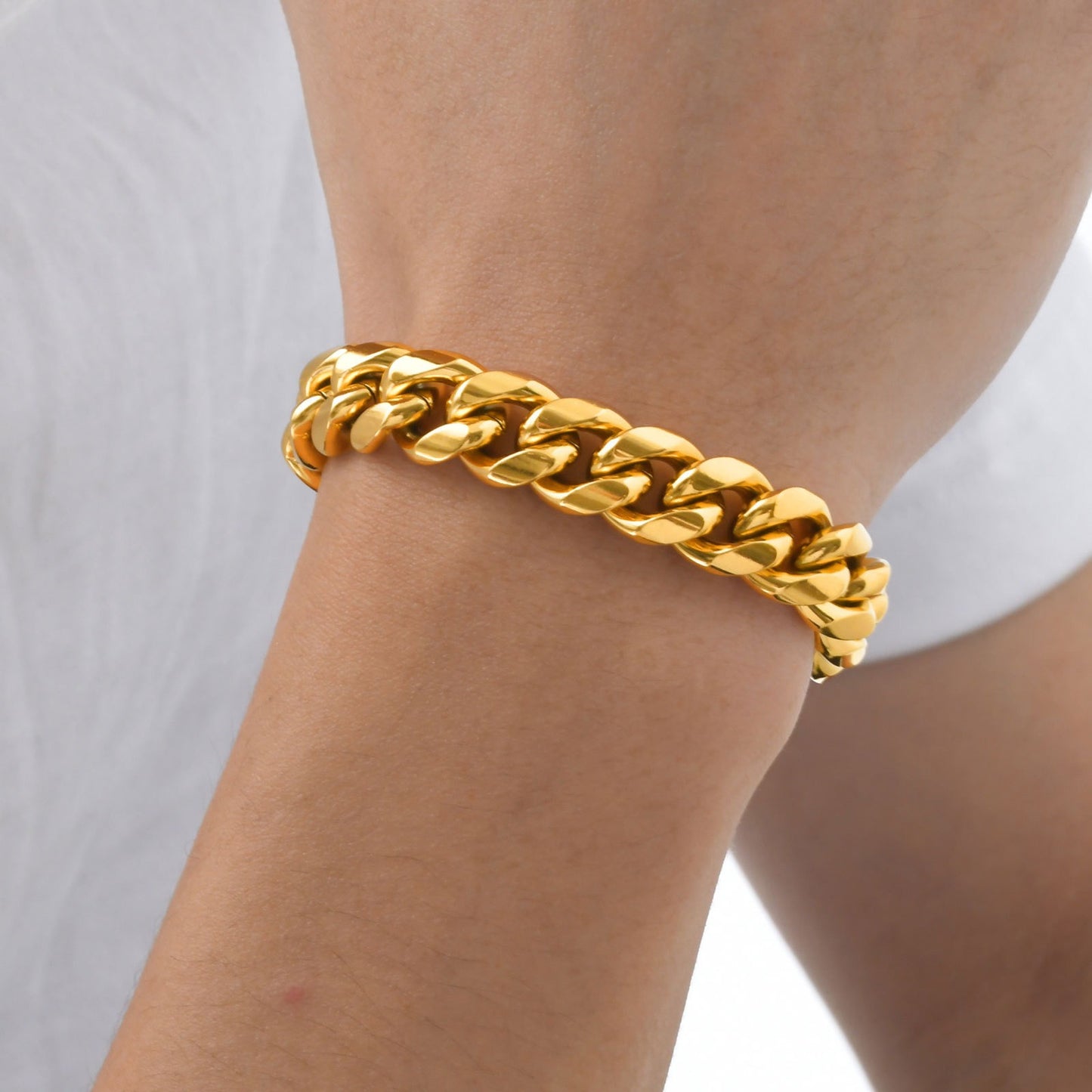 Kemstone 12mm Thick Stainless Steel Cuban Chain Bracelet - Hiphop Streetwear Accessory for Men & Women (Gold Tone) BR-1704