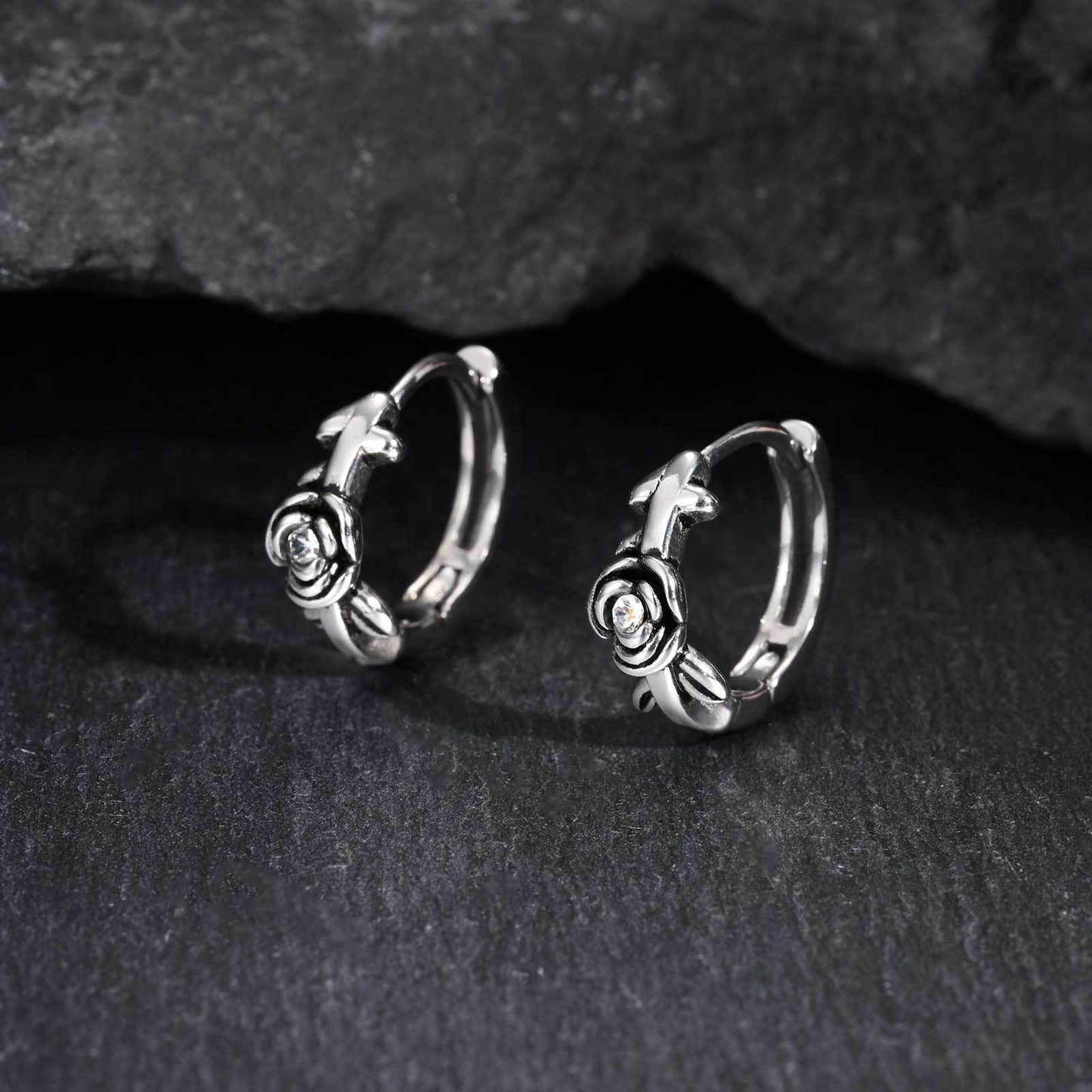 Kemstone Stainless Steel Fox Hoop Earring – Cubic Zirconia Rose Detail for Men & Women EH-821